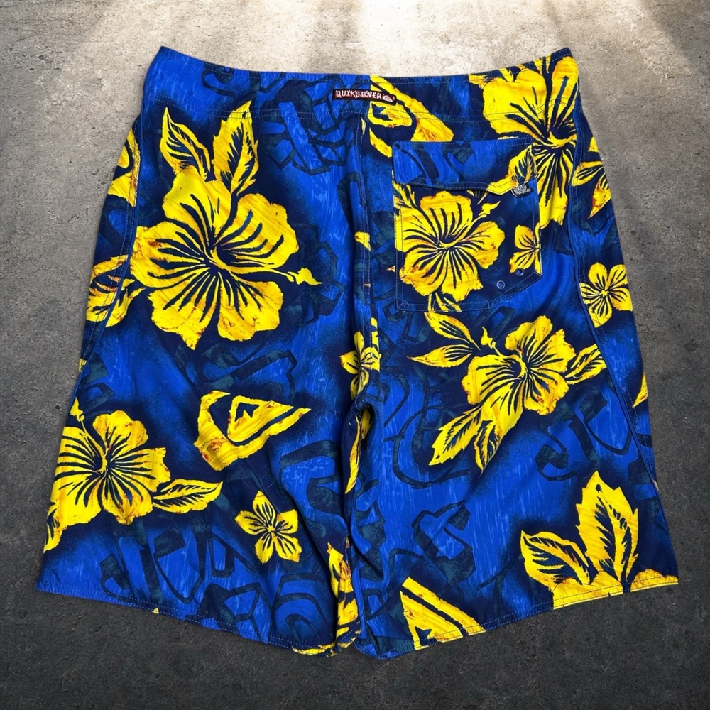 Quiksilver Board Shorts Blue Yellow Hibiscus Floral Vintage Skater Men Size 38